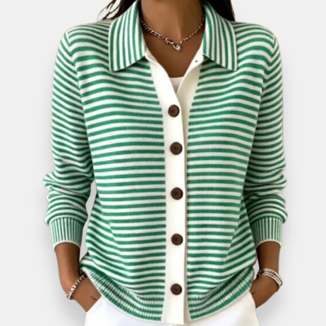 Women's Collared Stripe Knit Button-Up Cardigan