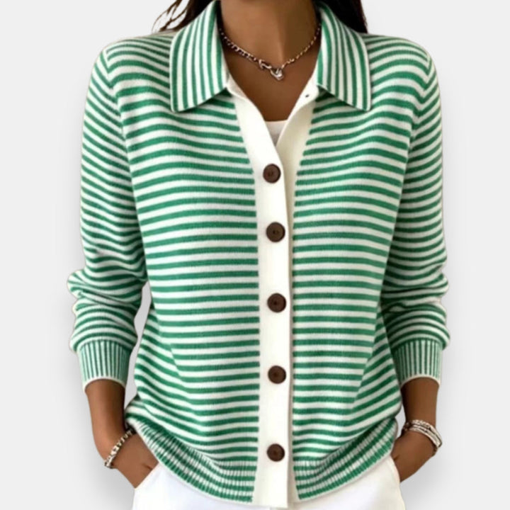Women's Collared Stripe Knit Button-Up Cardigan