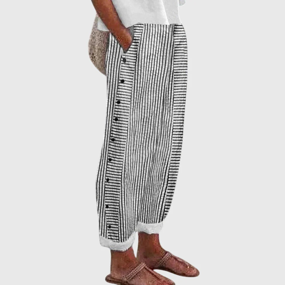Women's Striped Button Detail Trousers – Relaxed Fit in White | Invictora.com
