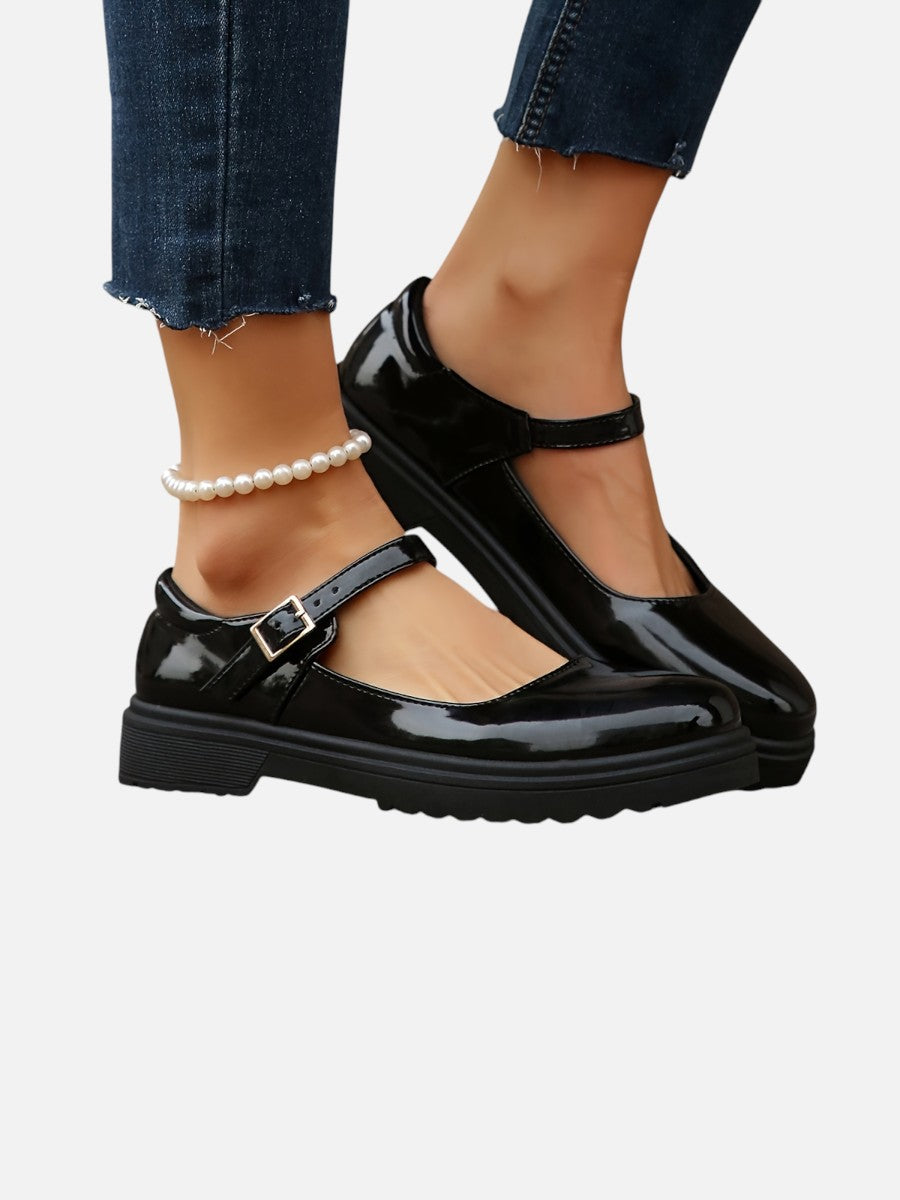 Women's Glossy Leather Look Mary Jane Loafers – Comfort Style in Black | Invictora.com