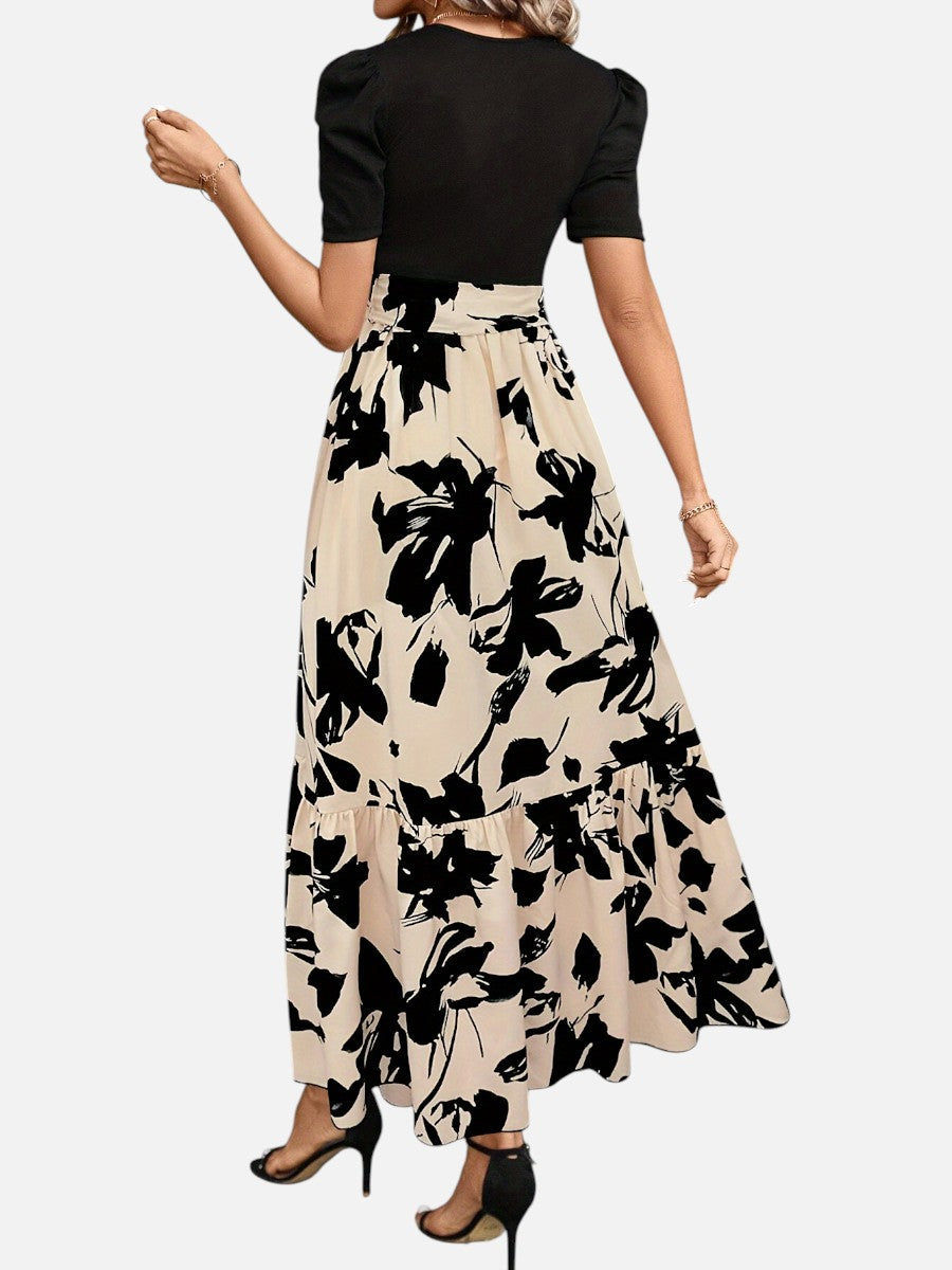 Women's Floral Midi Dress – Puff Sleeve Belted Waist in Beige | Invictora.com