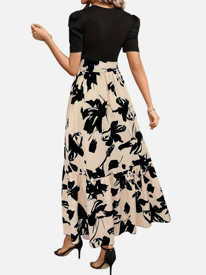 Women's Floral Midi Dress – Puff Sleeve Belted Waist in Beige | Invictora.com