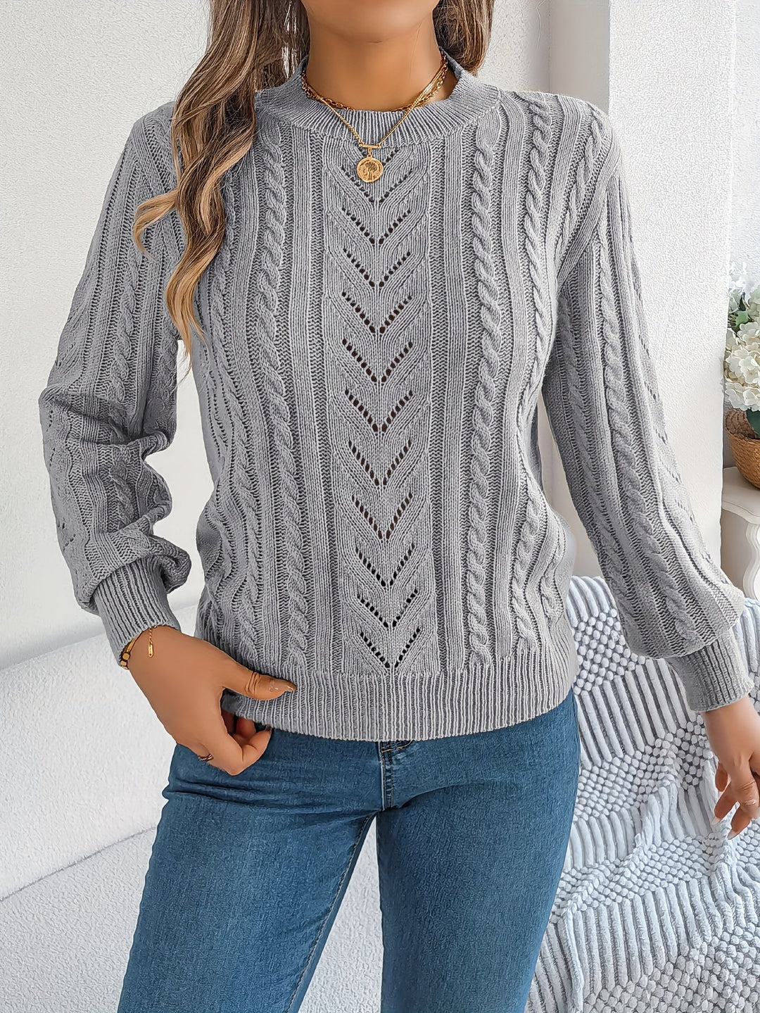 Women's Jumper – Textured Openwork Crew Neck Knit