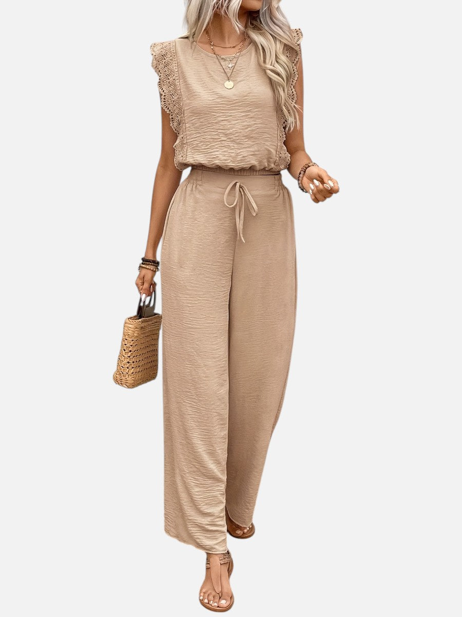 Women's Two Piece Outfit Set – Relaxed Top & Wide Leg Trousers in Beige | Invictora.com