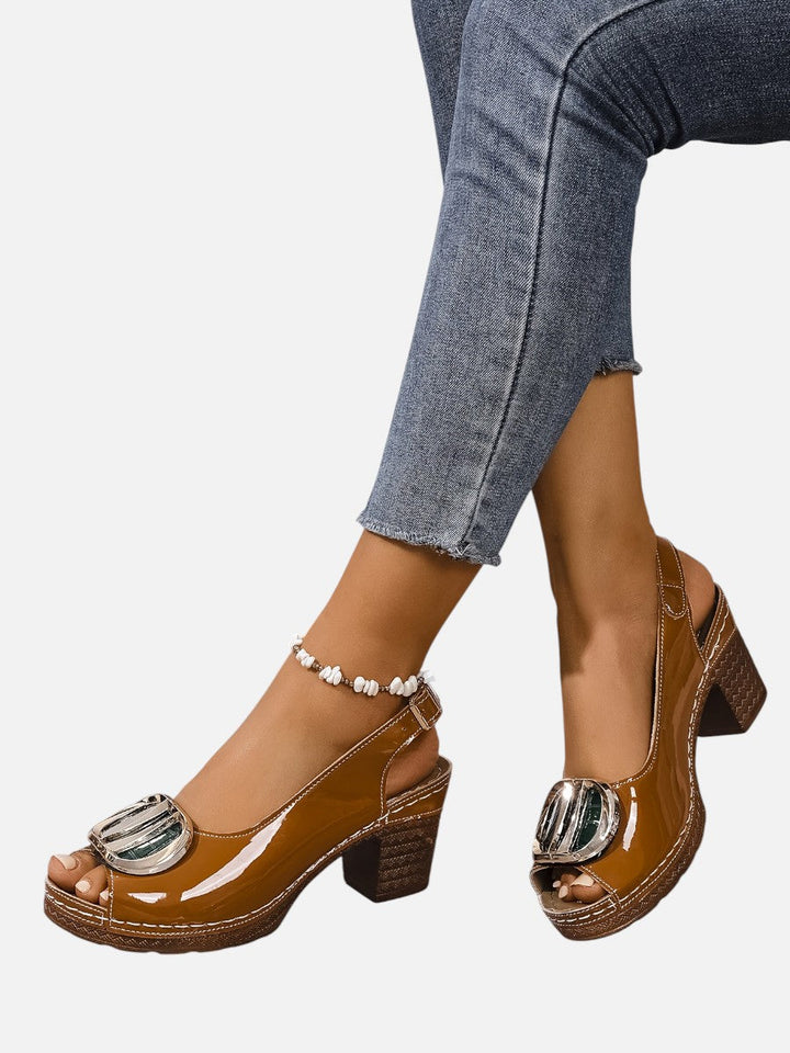 Women's Comfort Strap Heels – Glossy Leather Look Style in Brown | Invictora.com
