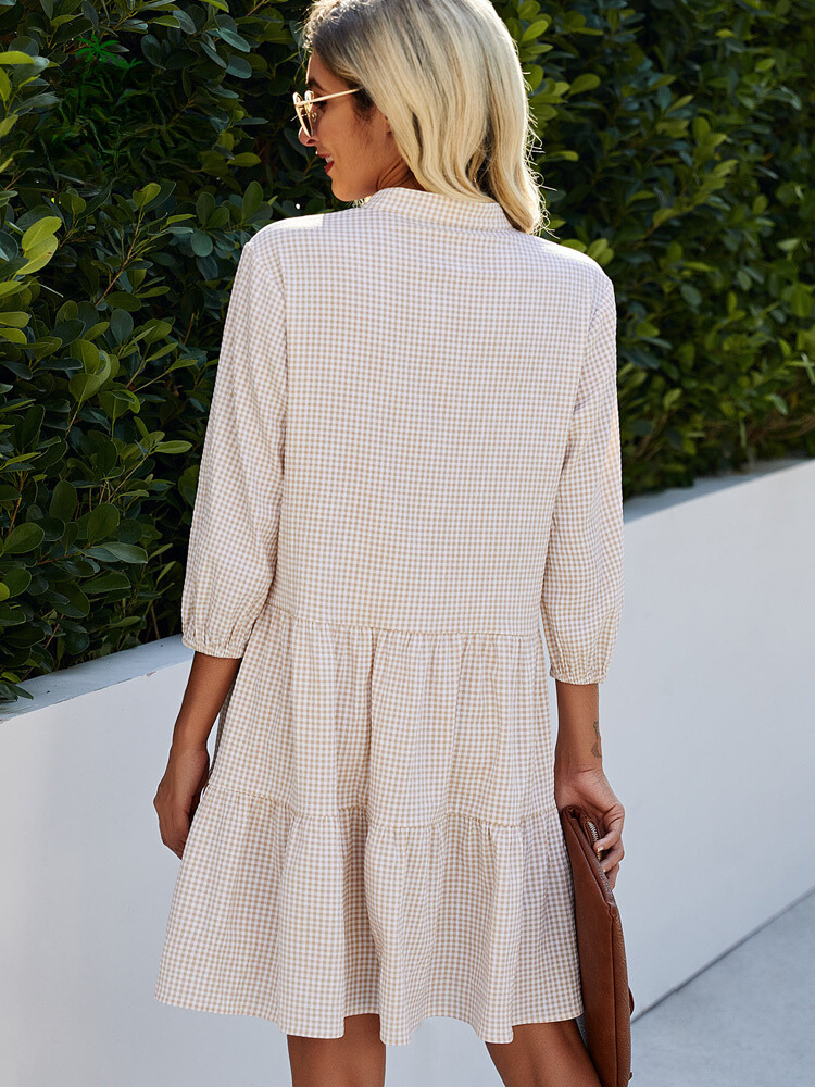 Women's High-Neck Checked Cardigan Midi Dress