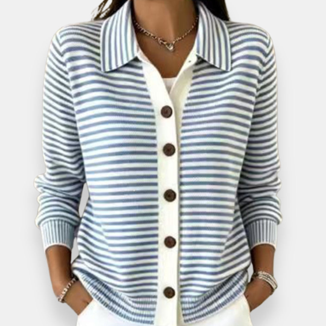 Women's Collared Stripe Knit Button-Up Cardigan