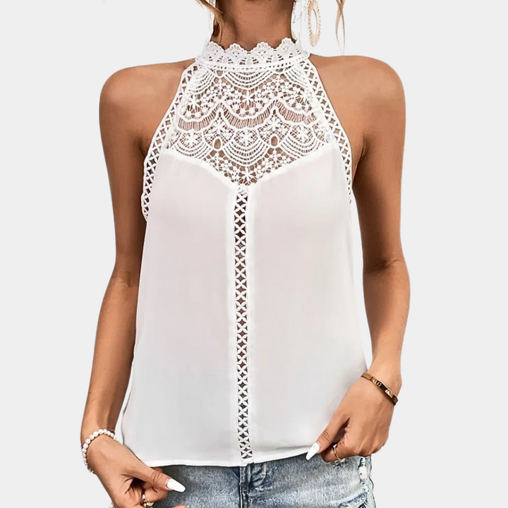 Women's Elowyn – Lace Mock-Neck Sleeveless Top in Pink | Invictora.com