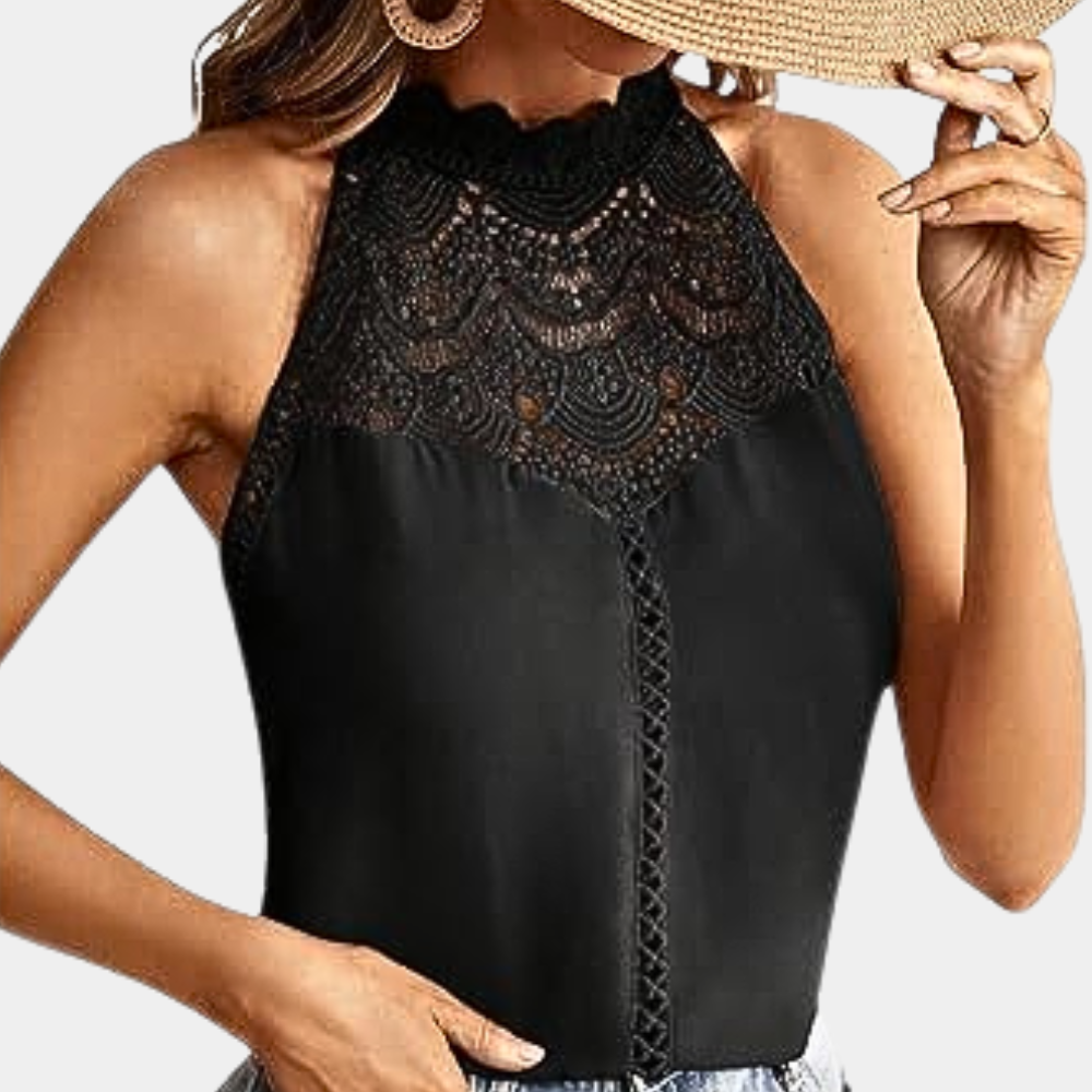 Women's Elowyn – Lace Mock-Neck Sleeveless Top in Black | Invictora.com
