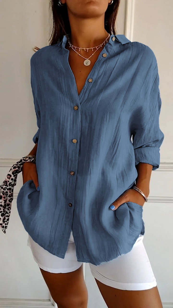 Women's Sabine Linen Shirt in Steel Blue | Invictora.com