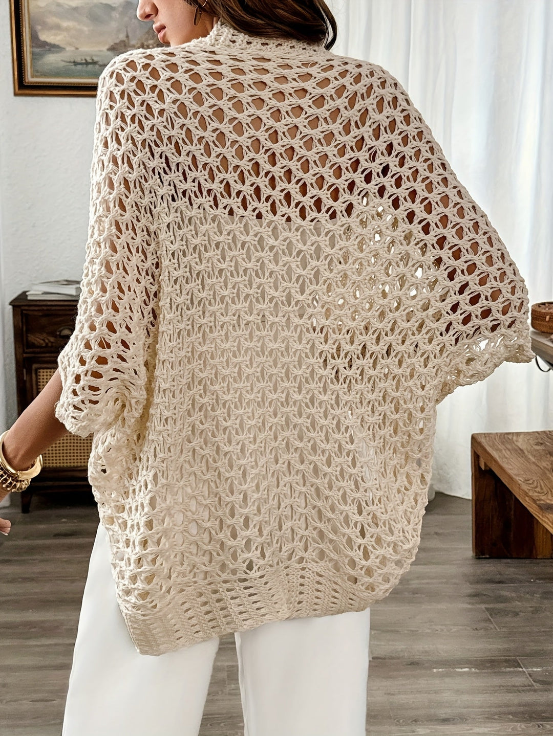 Women's Knit Cardigan – Beige Open Knit Wide Sleeves And Crochet Detail