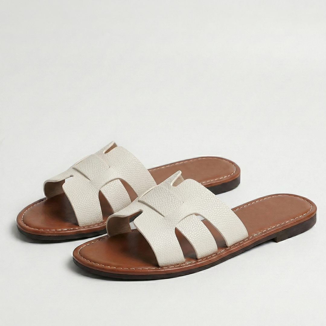 Women's Flat Slide Sandals – Leather Look Elegance in Beige | Invictora.com