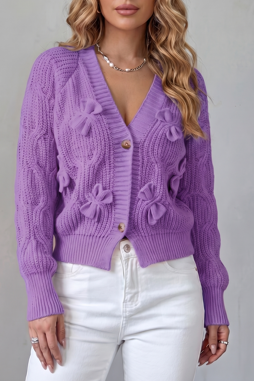 Women's Bow-Detail Button-Up Knit Cardigan