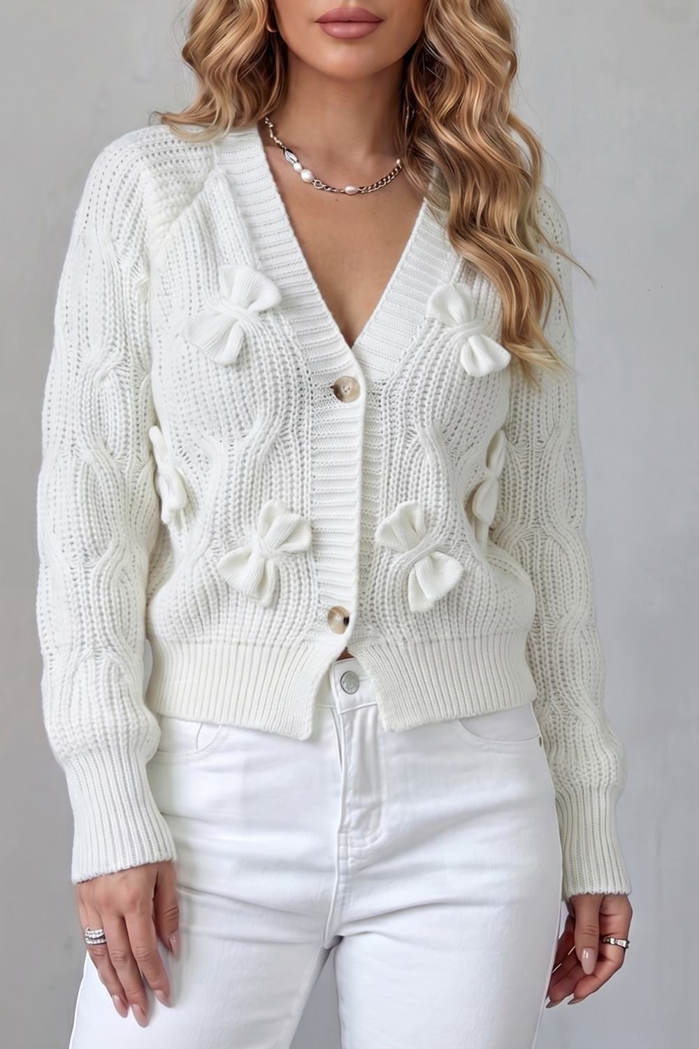 Women's Bow-Detail Button-Up Knit Cardigan