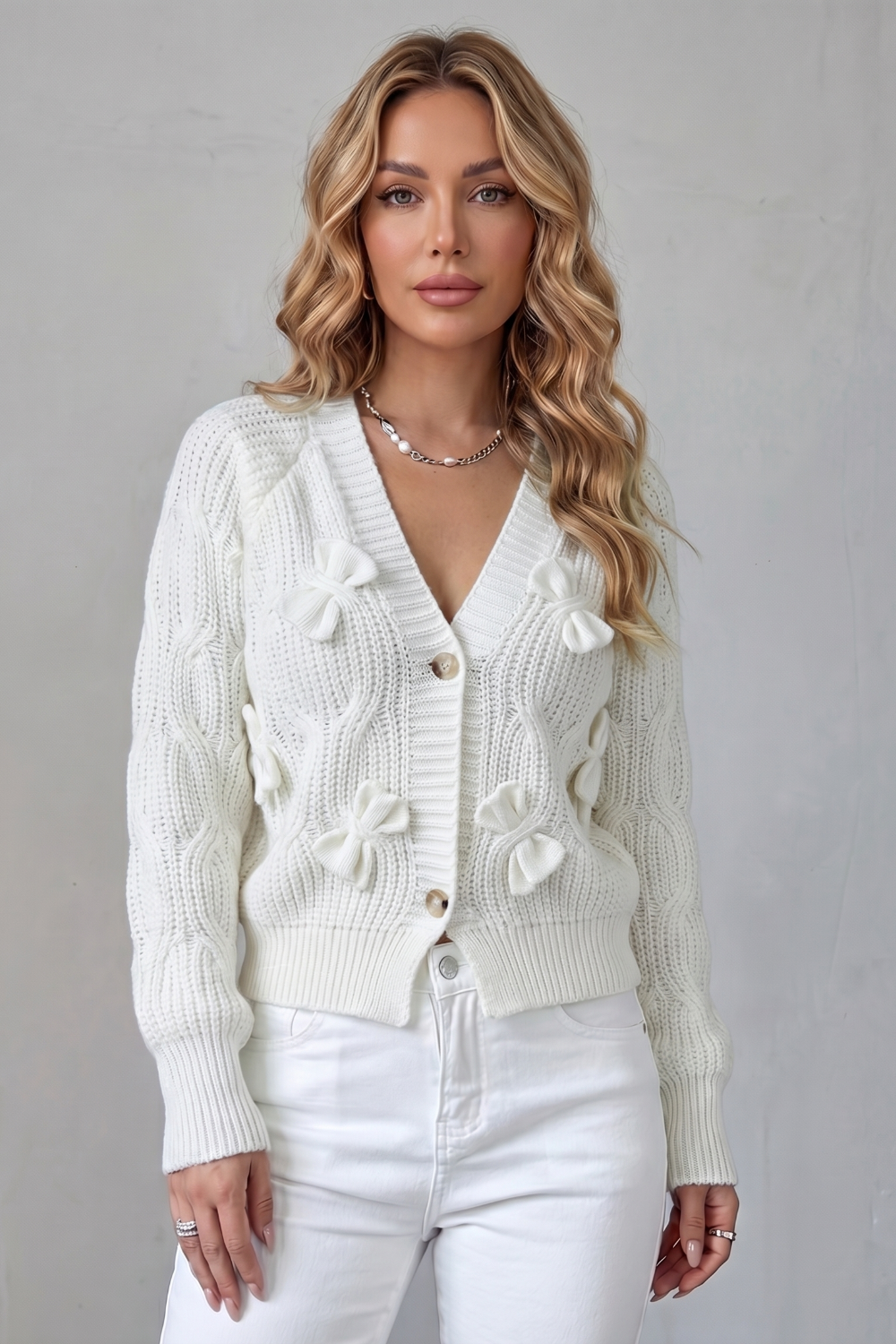 Women's Bow-Detail Button-Up Knit Cardigan