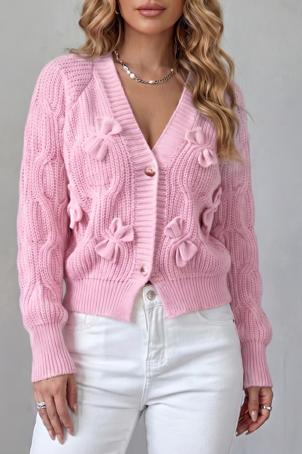 Women's Bow-Detail Button-Up Knit Cardigan