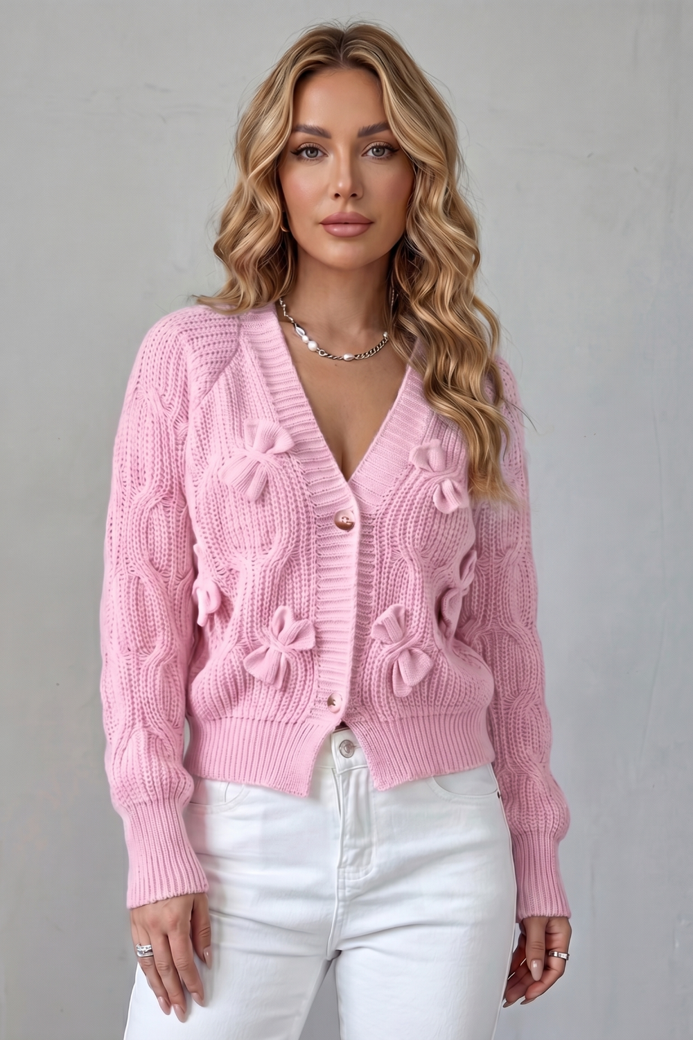 Women's Bow-Detail Button-Up Knit Cardigan