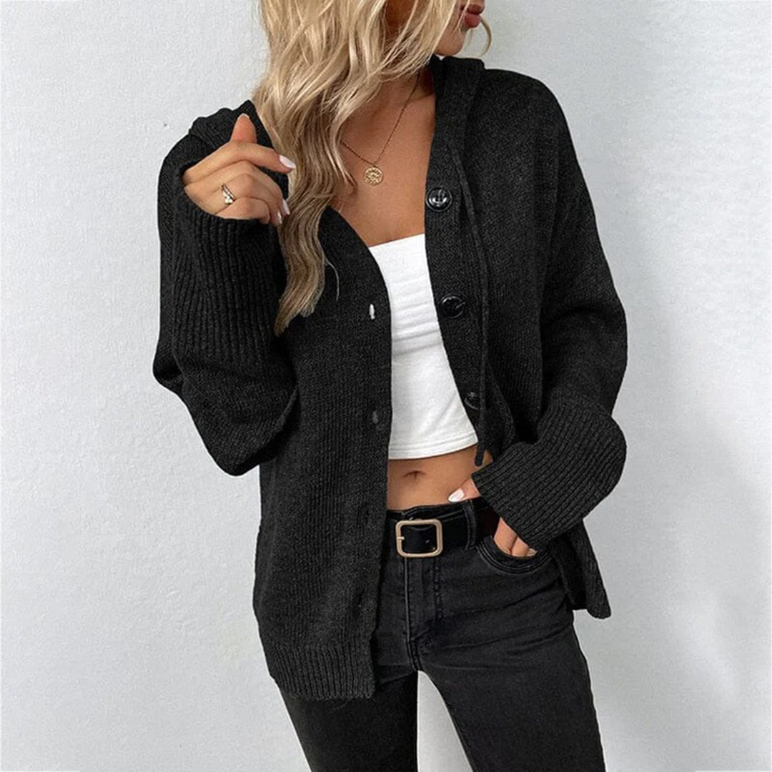 Women's Knit Cardigan – Relaxed Hooded Knit Large Button Closure