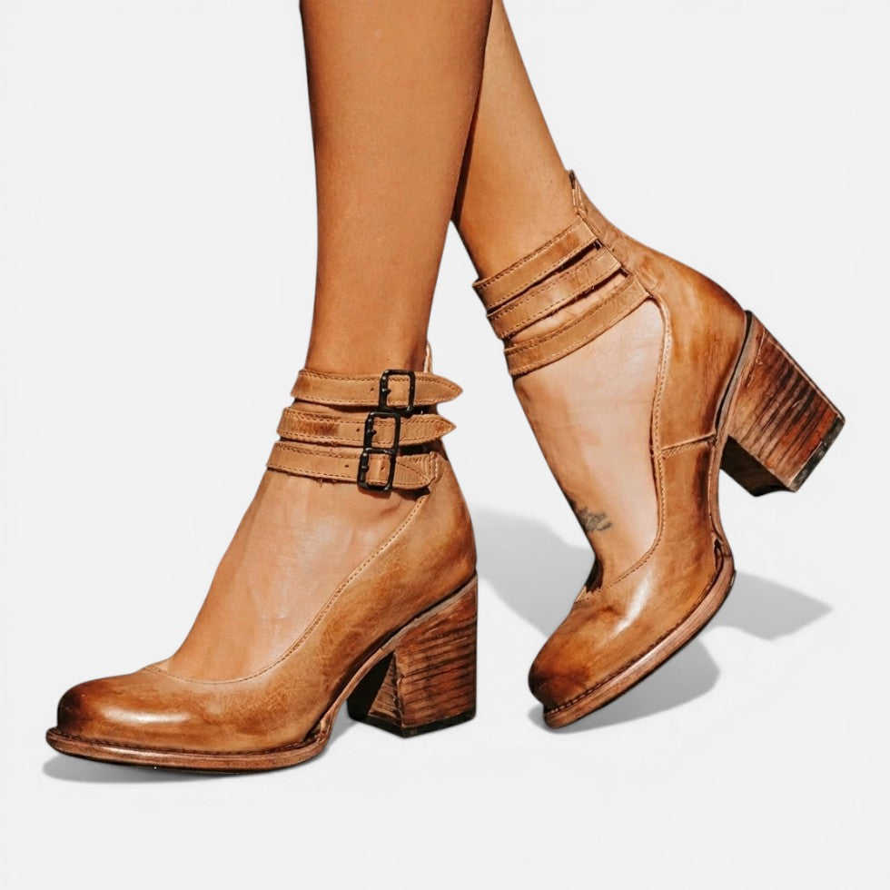 Women's Block Heel Ankle Boots – Buckle Strap Comfort in Light Brown | Invictora.com