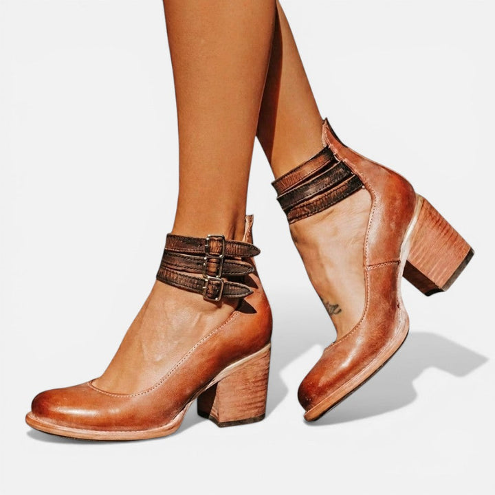 Women's Block Heel Ankle Boots – Buckle Strap Comfort in Light Brown | Invictora.com