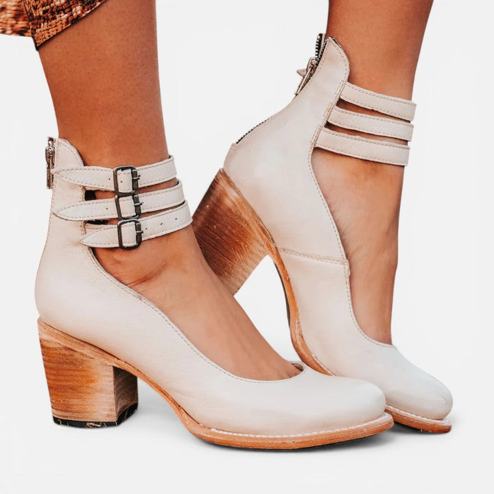 Women's Block Heel Ankle Boots – Buckle Strap Comfort in Light Brown | Invictora.com