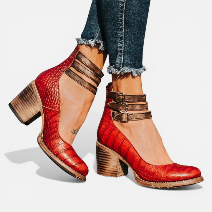 Women's Block Heel Ankle Boots – Buckle Strap Comfort in Light Brown | Invictora.com