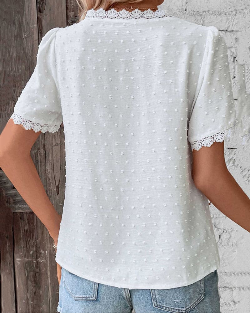 Women's Bohemian Lace Trim Blouse with Swiss Dot Texture and V-Neckline in White | Invictora.com