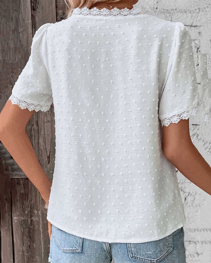 Women's Bohemian Lace Trim Blouse with Swiss Dot Texture and V-Neckline in White | Invictora.com