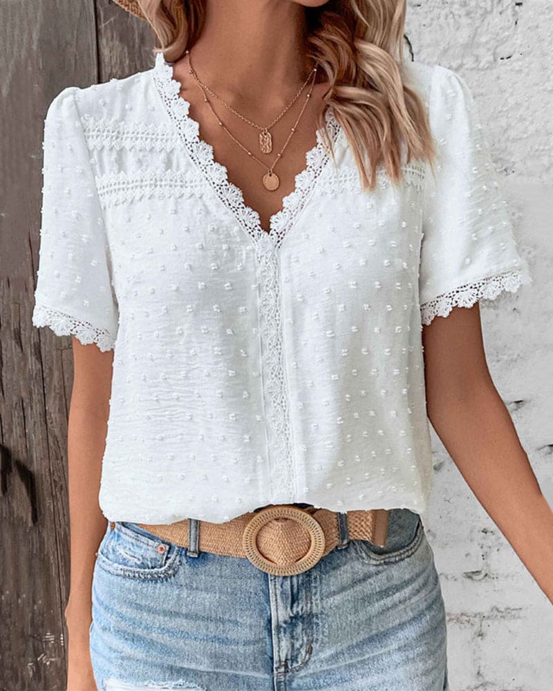 Women's Bohemian Lace Trim Blouse with Swiss Dot Texture and V-Neckline in White | Invictora.com