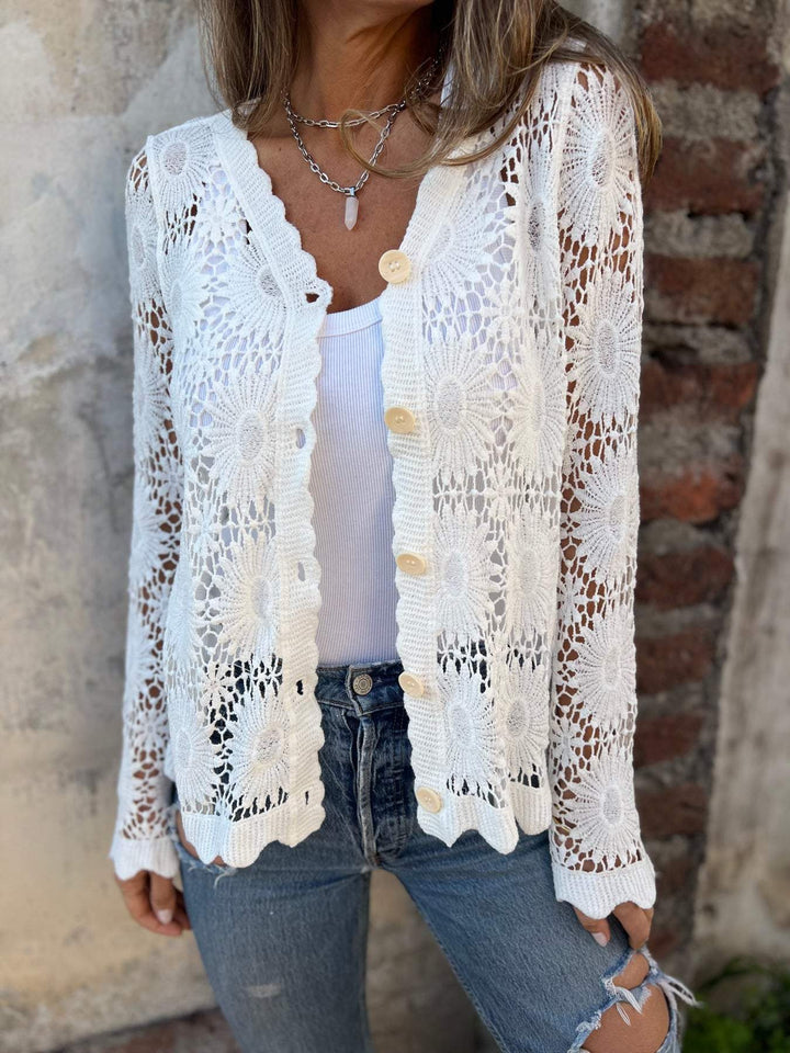 Women's Knit Cardigan – Crochet Lace Scalloped Hem And V-Neck