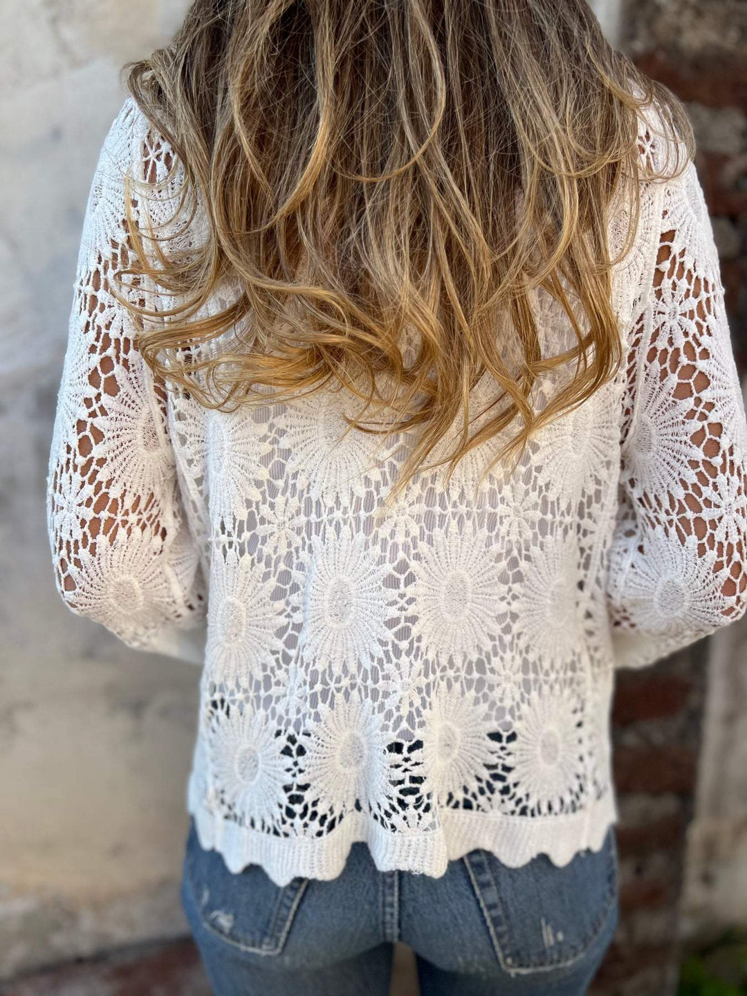 Women's Knit Cardigan – Crochet Lace Scalloped Hem And V-Neck
