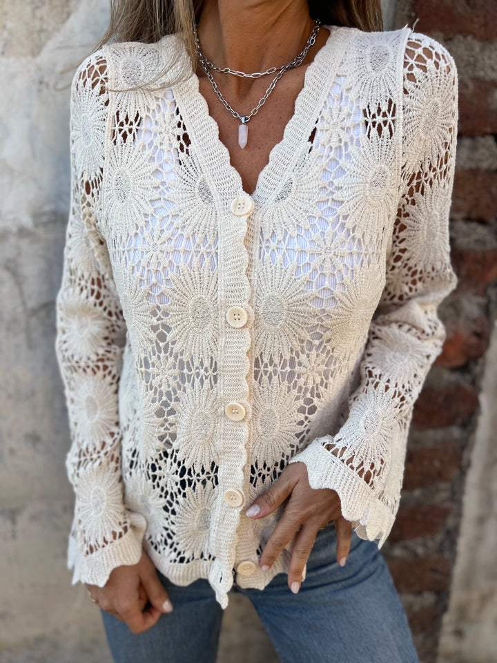 Women's Knit Cardigan – Crochet Lace Scalloped Hem And V-Neck