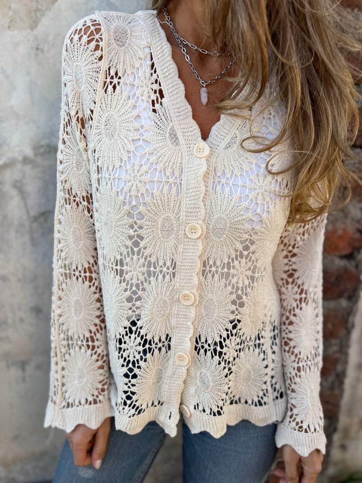 Women's Knit Cardigan – Crochet Lace Scalloped Hem And V-Neck