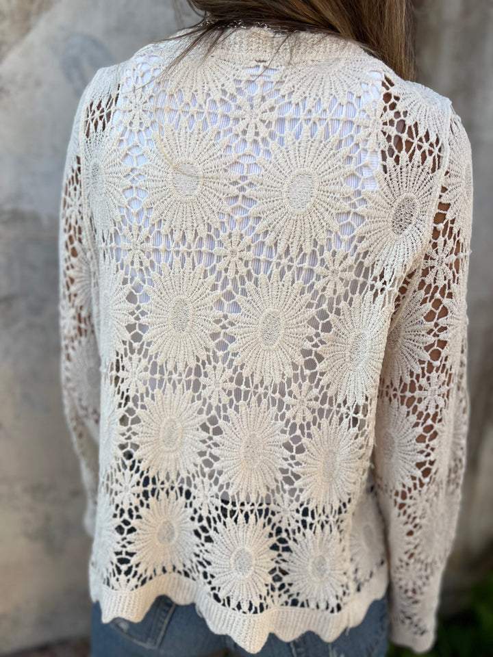 Women's Knit Cardigan – Crochet Lace Scalloped Hem And V-Neck