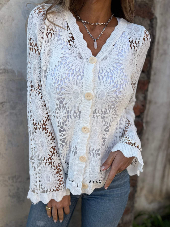 Women's Knit Cardigan – Crochet Lace Scalloped Hem And V-Neck