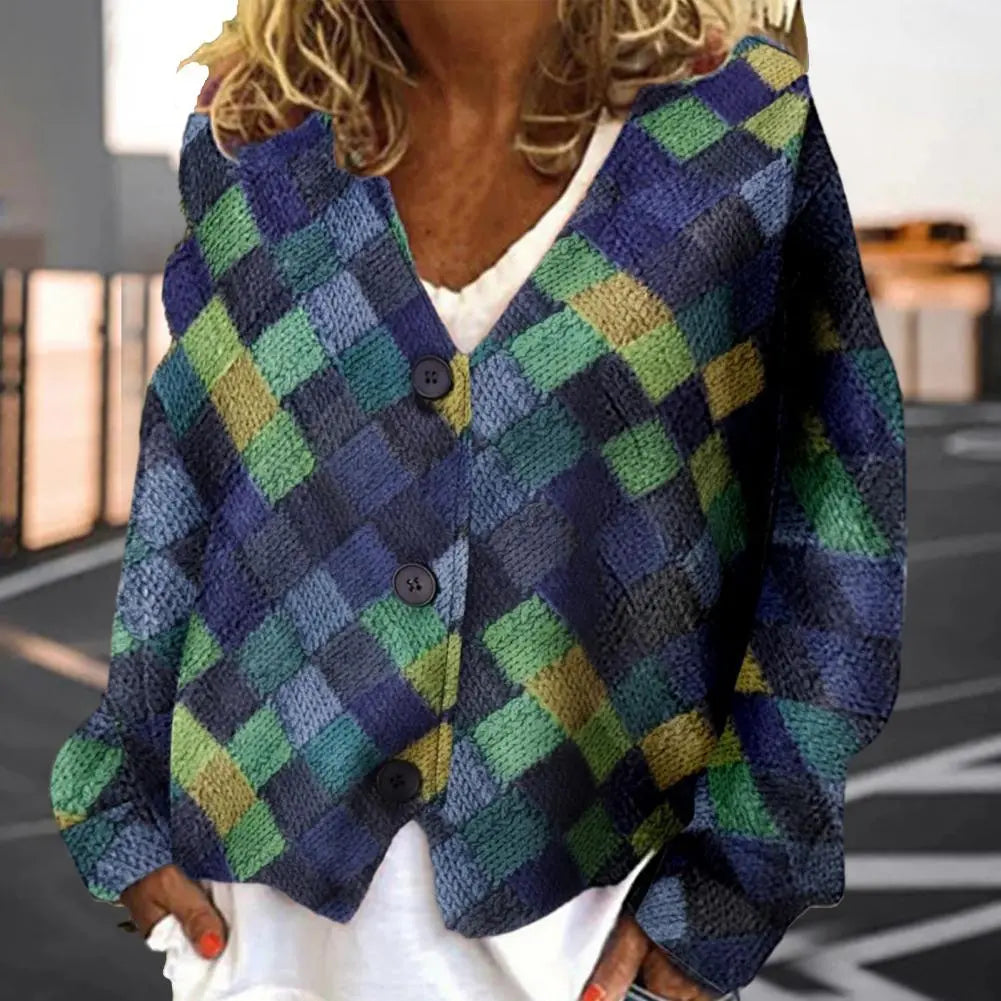 Women's V-Neck Zigzag-Knit Button-Up Cardigan