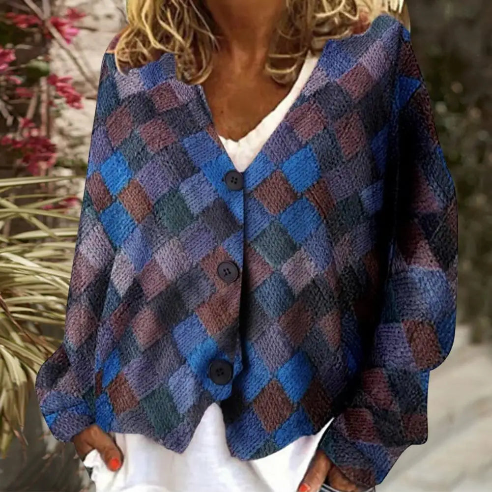Women's V-Neck Zigzag-Knit Button-Up Cardigan