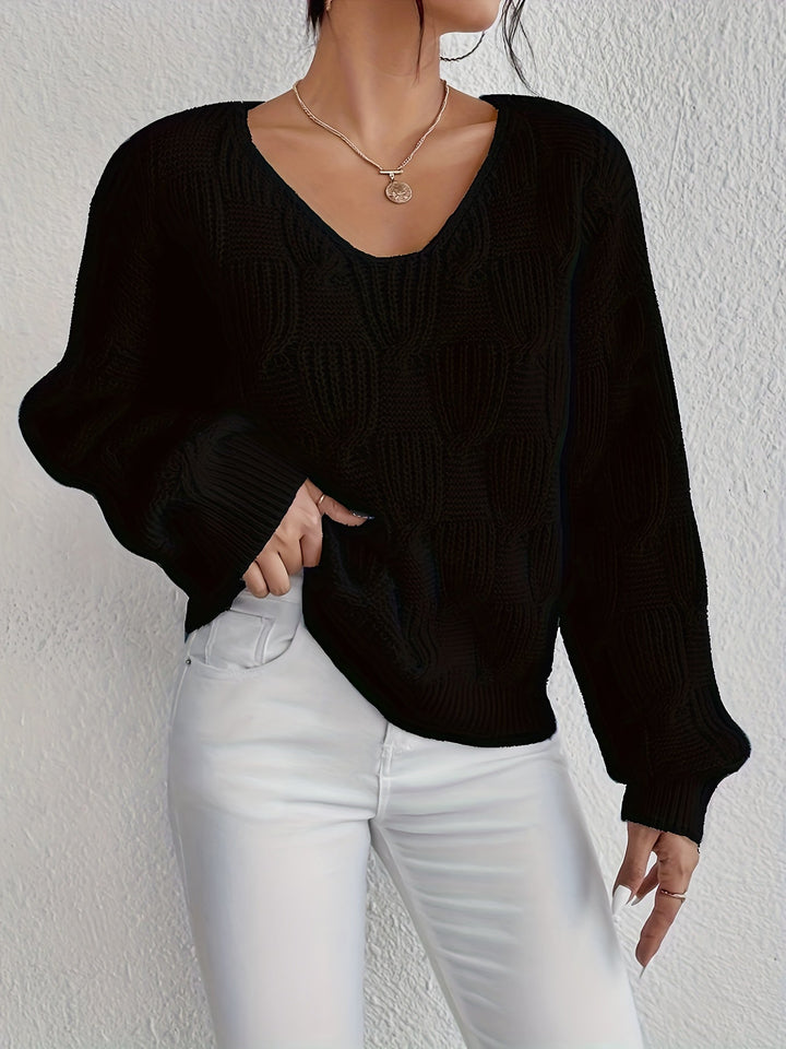 Women's Jumper – Cable Knit V-Neck Puff Sleeves