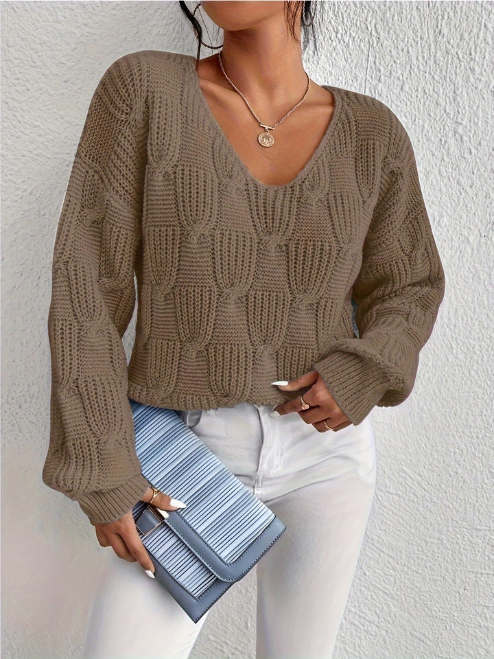 Women's Jumper – Cable Knit V-Neck Puff Sleeves