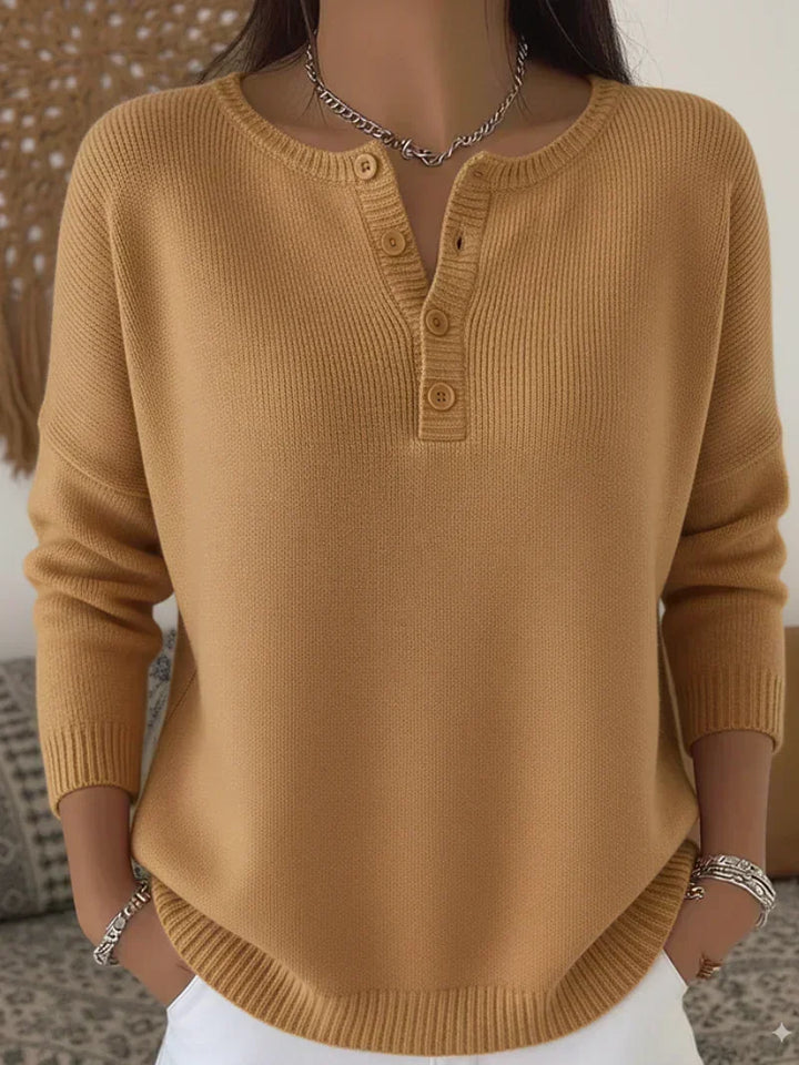 Women's Jumper – Ribbed Henley Button Drop-Shoulder Knit
