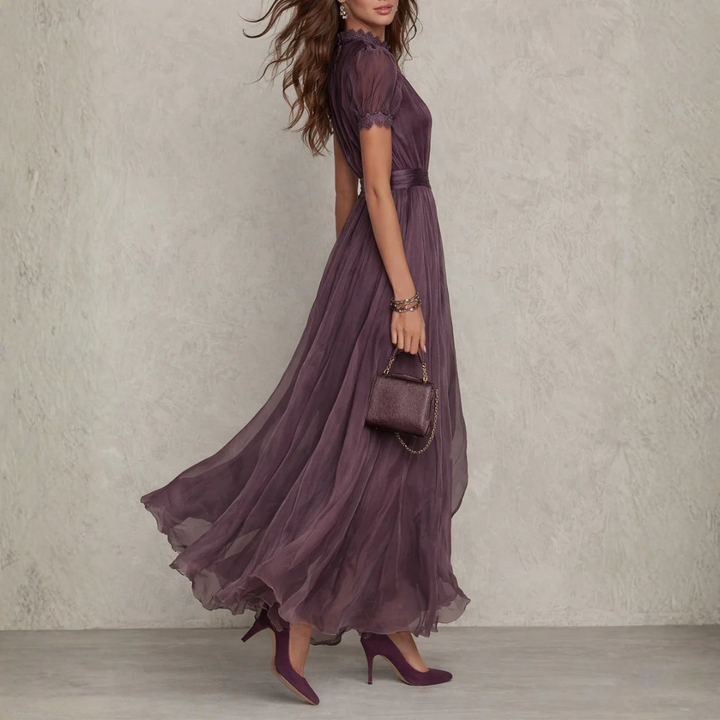 Women's Celeste – Elegant Lace Trim Chiffon Maxi Dress in Purple | Invictora.com