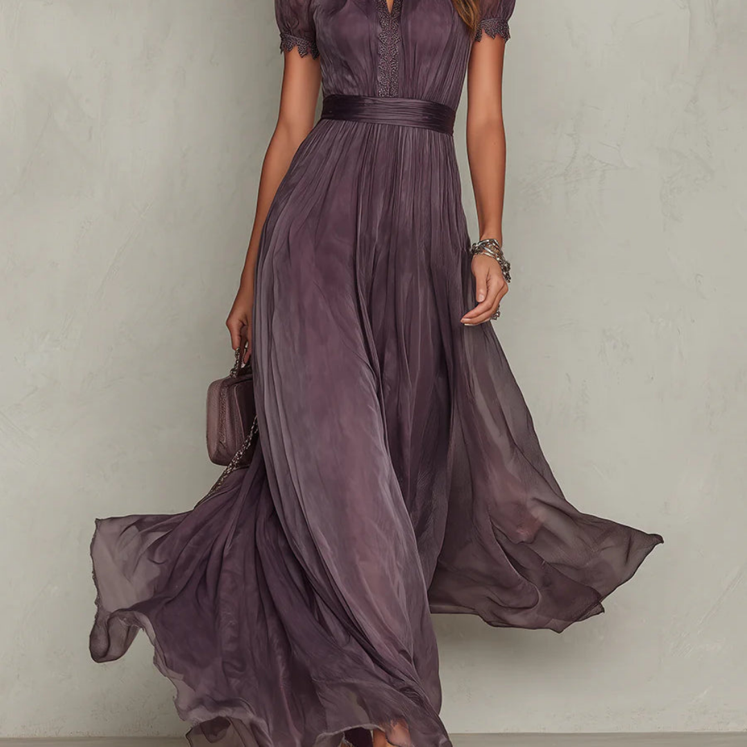 Women's Celeste – Elegant Lace Trim Chiffon Maxi Dress in Purple | Invictora.com