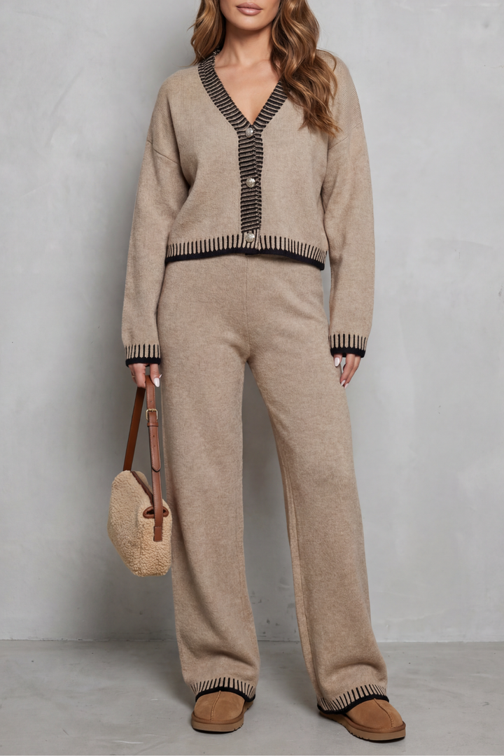Women's Contrast-Trim V-Neck Cardigan & Trouser Co-ord