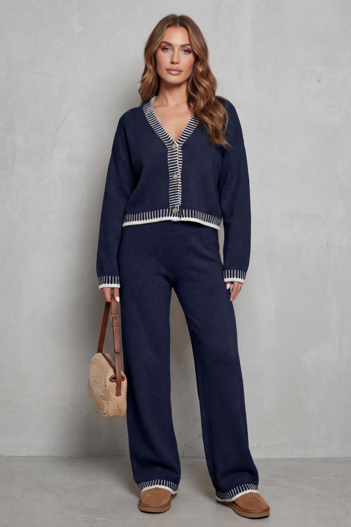 Women's Contrast-Trim V-Neck Cardigan & Trouser Co-ord