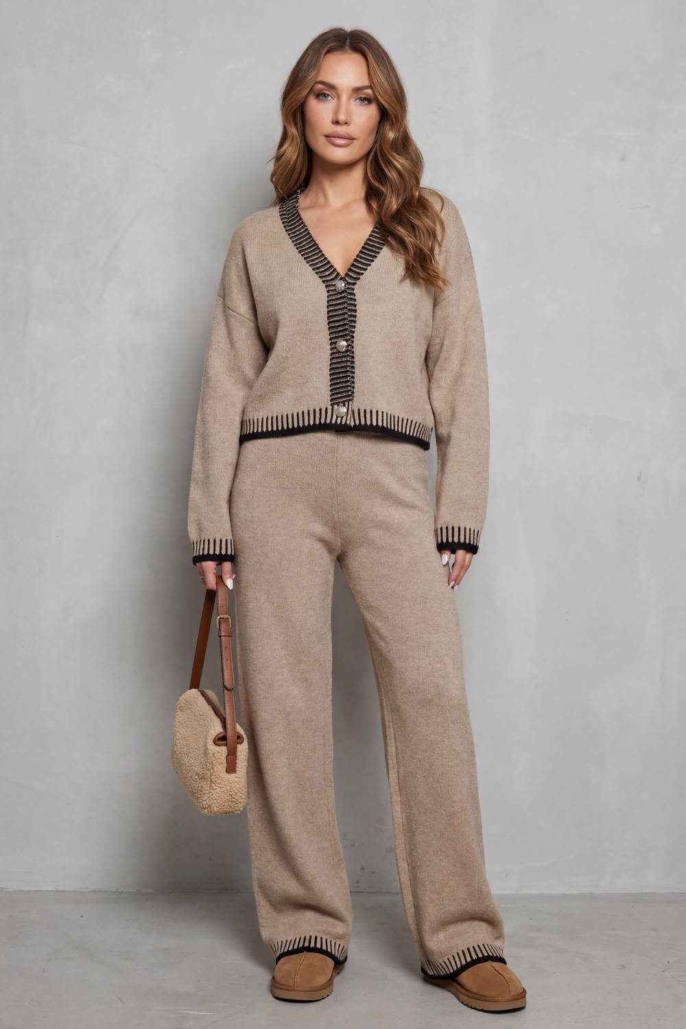 Women's Contrast-Trim V-Neck Cardigan & Trouser Co-ord
