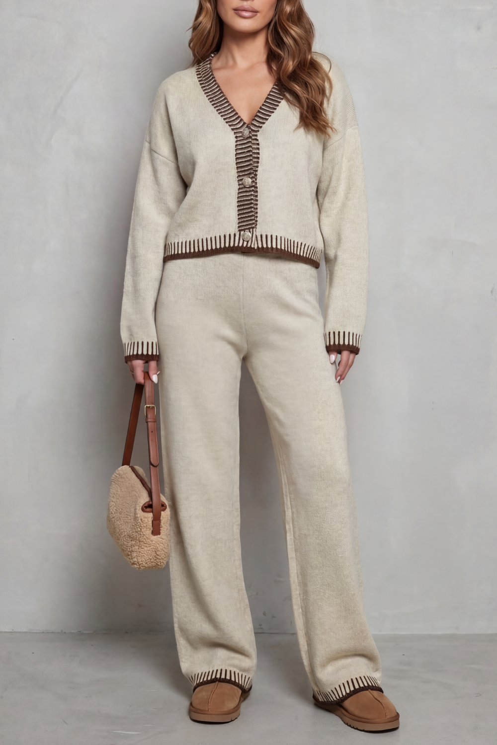 Women's Contrast-Trim V-Neck Cardigan & Trouser Co-ord