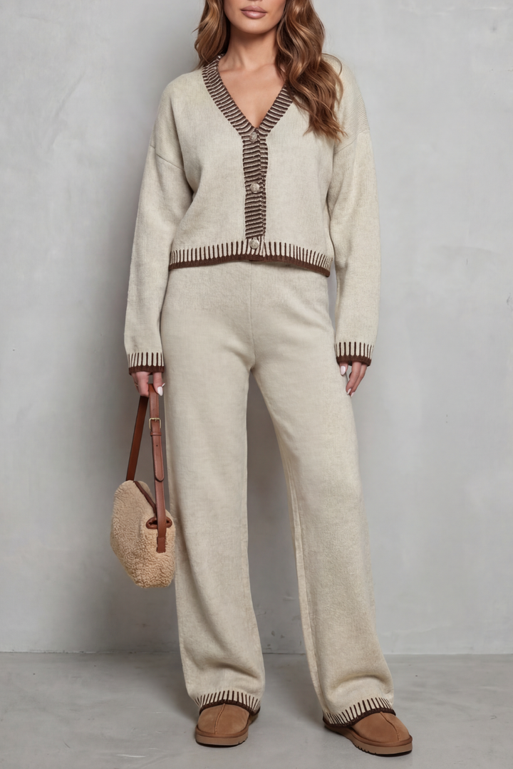Women's Contrast-Trim V-Neck Cardigan & Trouser Co-ord