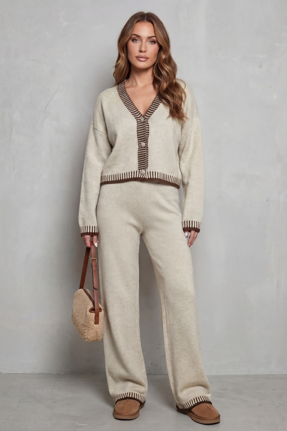 Women's Contrast-Trim V-Neck Cardigan & Trouser Co-ord
