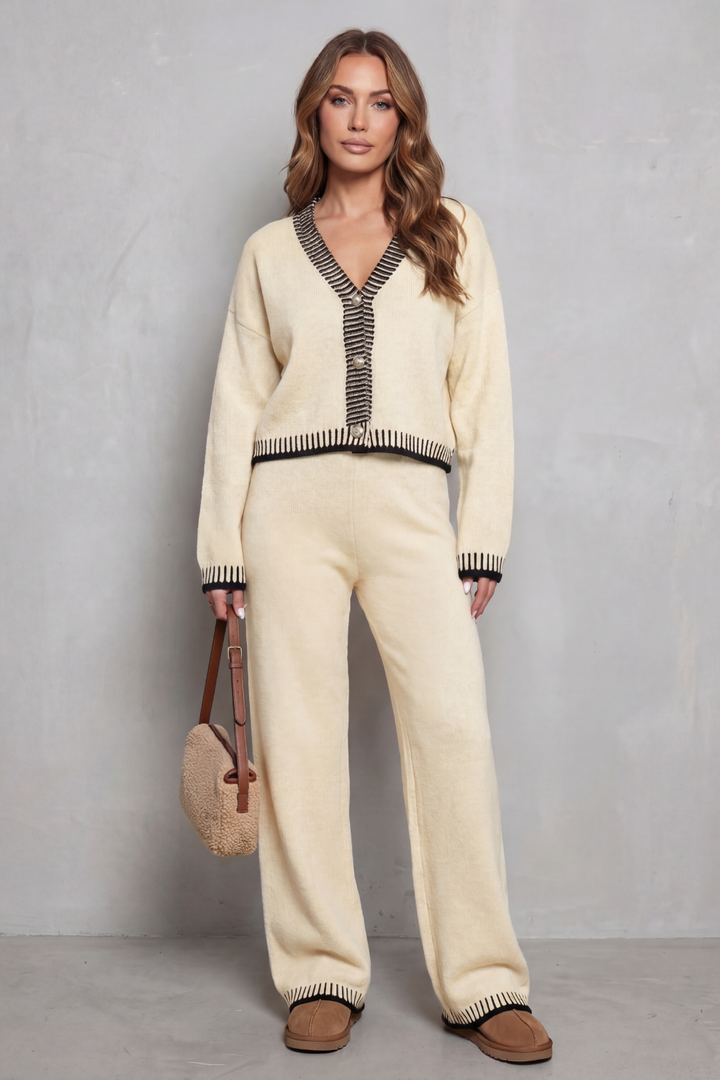 Women's Contrast-Trim V-Neck Cardigan & Trouser Co-ord