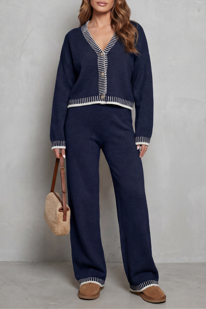 Women's Contrast-Trim V-Neck Cardigan & Trouser Co-ord
